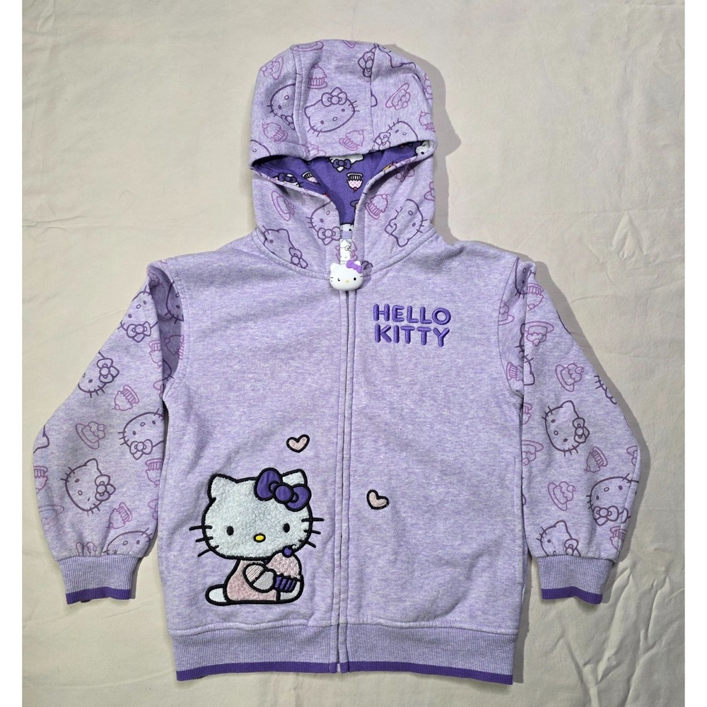 Hello Kitty Girls Size 7 Lavender Hoodie Zip Up Jacket Sanrio Cupcake Hearts
